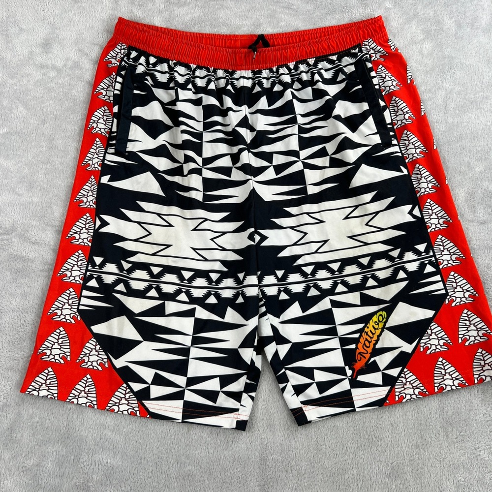 Native Geometric Tribal Print Athletic Shorts 2XL Red Black White Men Streetwear